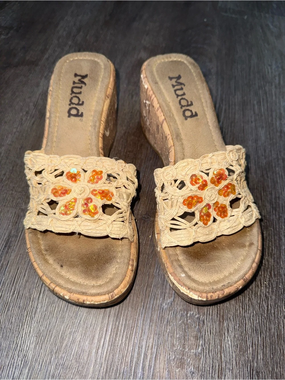Mudd Beige Crochet Wedge Slides with Orange Sequin Flower Accents
